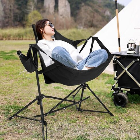 HOMEFUN Hammock Camping Chair - Portable Swinging Hammock Chairs for Adults with Stand and Storage Bag, Oversized Folding Rocking Chairs for Lawn Camp Fishing Hiking, Black in Saudi Arabia
