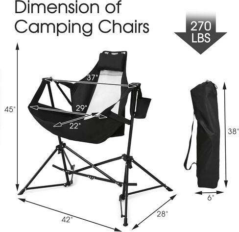 HOMEFUN Hammock Camping Chair - Portable Swinging Hammock Chairs for Adults with Stand and Storage Bag, Oversized Folding Rocking Chairs for Lawn Camp Fishing Hiking, Black in Saudi Arabia