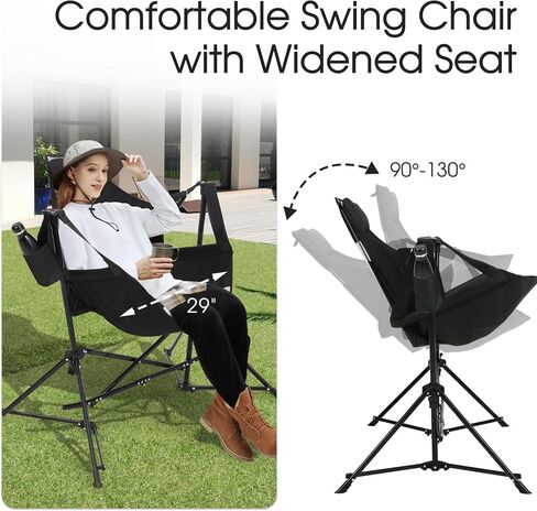 HOMEFUN Hammock Camping Chair - Portable Swinging Hammock Chairs for Adults with Stand and Storage Bag, Oversized Folding Rocking Chairs for Lawn Camp Fishing Hiking, Black in Saudi Arabia