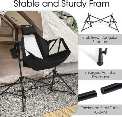 HOMEFUN Hammock Camping Chair - Portable Swinging Hammock Chairs for Adults with Stand and Storage Bag, Oversized Folding Rocking Chairs for Lawn Camp Fishing Hiking, Black in Saudi Arabia
