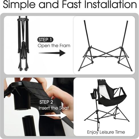 HOMEFUN Hammock Camping Chair - Portable Swinging Hammock Chairs for Adults with Stand and Storage Bag, Oversized Folding Rocking Chairs for Lawn Camp Fishing Hiking, Black in Saudi Arabia