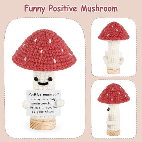 Dahey فطر كروشيه مضحك مع بطاقة إيجابية، لطيف دمية صوف محبوكة صغيرة ابتهج لعبة لتزيين حفلات أعياد الميلاد والتشجيع، هدايا إبداعية للنساء والأصدقاء والأطفال، أحمر in Kuwait