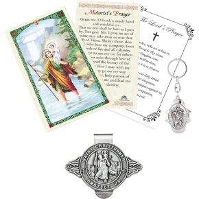 St Christopher Visor Clip Medal for Car - Keychain, Laminated Motorist's Saint Christopher Prayer Card, The Lord's Prayer | Catholic Patron Saint of Travelers, Highway, Road Travel Themed Set, 4 Items
