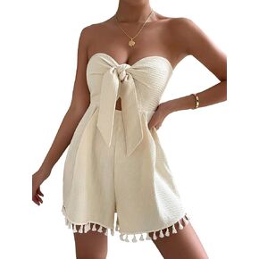 OYOANGLE Women's Textured Strapless Tie Front Tube Romper Sleeveless Casual Summer Shorts Jumpsuits
