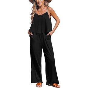 Paintcolors Women's Summer Sleeveless Jumpsuits Casual Loose Stretchy Spaghetti Strap Wide Leg Long Pants Rompers