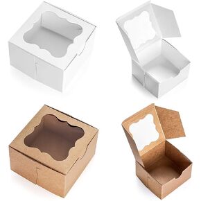 25 Pack White Bakery Box with Window 4X4X2.5 inch Eco-Friendly Paper Cardboard. Gift Packing Boxes for Pastries, Cookies, Small Cakes, Pie