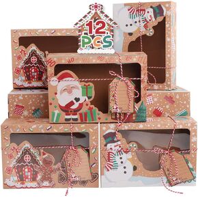 AerWo 12 Pack Christmas Cookie Boxes with Window, Large Holiday Kraft Bakery Treat Boxes with Window DIY Tags and Ribbons, Christmas Cookie Boxes for Gift Giving Christmas Food Containers Party Favor