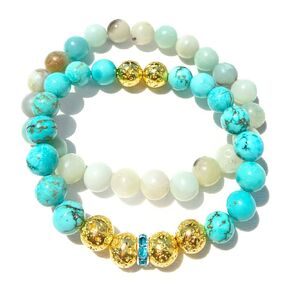 Turquoise and amazonite protection bracelet- natural stone stretch elastic beaded gold lava stone bangle jewelry- 8mm set