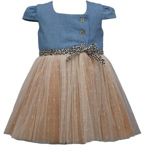 Bonnie Jean Baby Girl's Denim Ballerina Dress with Animal Leopard Print Trim for Baby and Toddler Girls