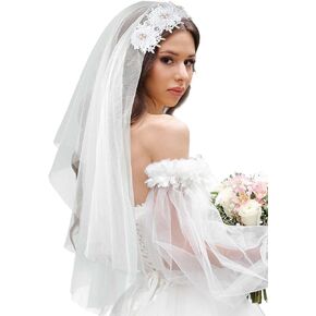 Woeoe Lace Appliques Bride Headband White Bridal Wedding Veil Bachelorette Party Headpiece for Women and Girls