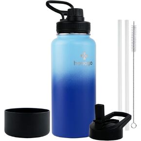 32 oz Powder Coated Double Wall Vacuum Insulated Sports Water Bottle, 18/8 Stainless Steel Wide Mouth Thermos Flask with Straw Lid & Spout Lid, Leak Proof, Sweat Free, BPA Free (Black, 32 oz)