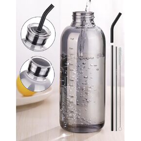 NiHome 25oz/750ml Clear Glass Water Bottle with 2 Caps & Stainless-Steel Straw, Temperature Resistant Durable High Borosilicate Glass Drinkware with Leak-Proof Seal for Travel, Gym, School & Home Use