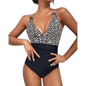 One Piece Bathing Suit for Women Tummy Control Swimsuit Criss Cross Back O-Ring V Neck Ruched Swimwear
