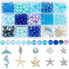 PH PandaHall 345pcs Blue Beads Charms Shell Starfish Charms Mermaid Charms Ocean Beach Beads Pendants for Winter Boho Hawaii Bracelets Necklaces Earring Crafts Jewelry Making