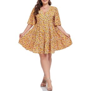 Casual Plus Size Dress for Women Floral Button Down Dresses