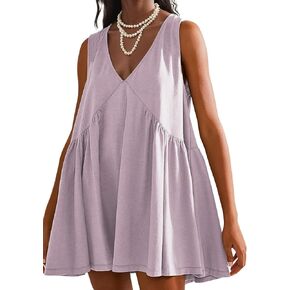 Womens Summer Sleeveless Mini Dress Casual Loose V Neck Sundress Swing Flowy Beach Dress with Pocket Pleated Dresses