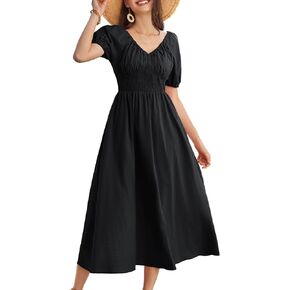 GRACE KARIN 2024 Women's Summer V Neck Smocked Dresses Short Sleeve Flowy A Line Maxi Dress with Pockets
