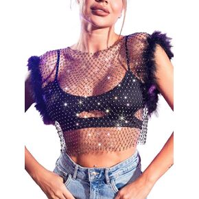 Asooll Rhinestone Mesh Crop Top Black Sleeveless Fishnet Bikini Bra Top Crystal Disco Accessories for Women