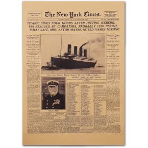 HAOHUODUO 20" x 14" Vintage Titanic Disaster Poster Unframed New York Times 1912 Front Sheet Replica on Kraft Paper Retro Western Art Prints for Home Decor Commemorating Titanic's Historic Sinking