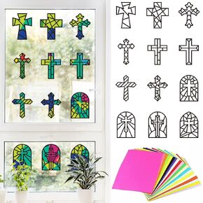 PLIGREAT 12 Pieces Cross Suncatchers Craft Kit Window Stained Glass Art Kit DIY Suncatcher Tissue Paper Crafts for Sunday School Classroom Creative Window Art Party Favors
