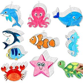 JarThenaAMCS 50Pcs Unfinished Ocean Animals Cutouts for Kids Color Your Own Summer Sea Animals Coloring Crafts Kit Hanging Ornament Card for Home School Classroom Party Favors DIY Crafts