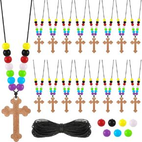 16 Set DIY Wooden Cross Necklaces Christian Crafts for Kids DIY Cross Necklace with Colorful Assorted Beads for Sunday School Crafts Men Women Boy Girl Children
