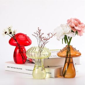 Rtteri Mushroom Vase (3 Pcs), Glass Plant Flower Pot, Colored Bud Vase, Hydroponic Container, Transparent, Green, Red, Brown, for Home Wedding Garden Decor in Saudi Arabia