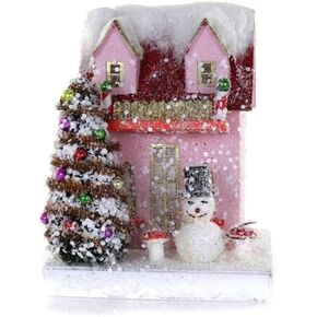 7" Pink and Red Petite Christmas Village Cottage House with Snowman