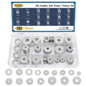 Fender Washers Assortment Kit, 232 Pieces 16 Sizes 304 Stainless Steel Washers Large Fender Washers for Home & Industrial Usage, Metal Washers Assortment Kit (M3 M4 M5 M6 M8 M10 M12)