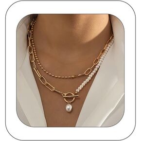 Pearl Paperclip Necklace Toggle Clasp Necklace Statement Pendant Pearl Chains Ball Chain Layered Choker Necklace Girls Jewelry Gift for Women