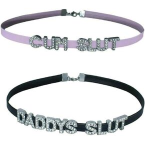 2 PCS/Set Pink CUM SLUT+Black DADDY'S SLUT Choker Necklaces,Rhinestone Chokers For Women Honey Princess Hotwife,Cute Sexy Dad Collar For Girls,Faux Leather Daddy Chokers Necklace Jewelry