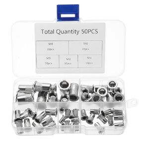 MECCANIXITY 50pcs Rivet Nuts Assortment Kit, 304 Stainless Steel Flat Head Threaded Insert Nut Set (M3/M4/M5/M6/M8/M10) for Automotive, Silver