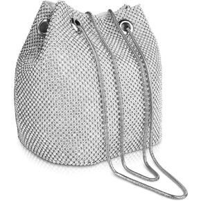 Linkidea Rhinestone Bucket Bag for Women, Evening Lady Purse, Party Prom Wedding Crossbody Shoulder Handbag (Silver)