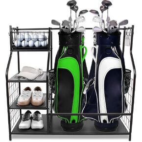 Golf Bag Stand - 37.6in Double Golf Bag Storage Rack for Garage with Golf Accessories Organizer Shelves