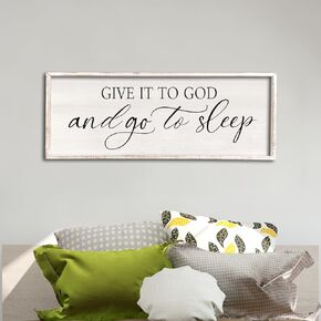 Give It To God And Go to Sleep Sign 32''×12'' Master Bedroom Above Bed Wall Decor Wood Framed Couple Large Farmhouse Guest Room Rustic Simple Over Bedside Wall Art Hanging Decor（Black）