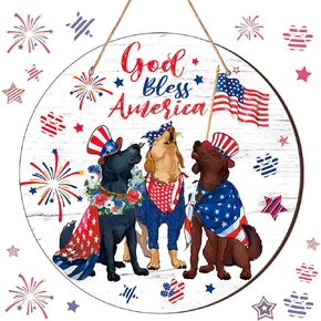 4th of July Dog Door Sign Decoration Wood Patriotic Wreath Farmhouse Memorial Day Decor Rustic God Bless America Hanging Wall Sign Red White Blue Decor for July 4th Front Door Porch Home