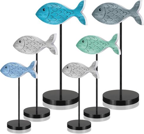 6 Pcs Wooden Fish Table Decor Wooden Ocean Tabletop Centerpiece Standing Sign Rustic Wood Fish Home Decor Coastal Beach Fish Figurines Sea Animal Wood Signs Block for Summer Home Office in Saudi Arabia
