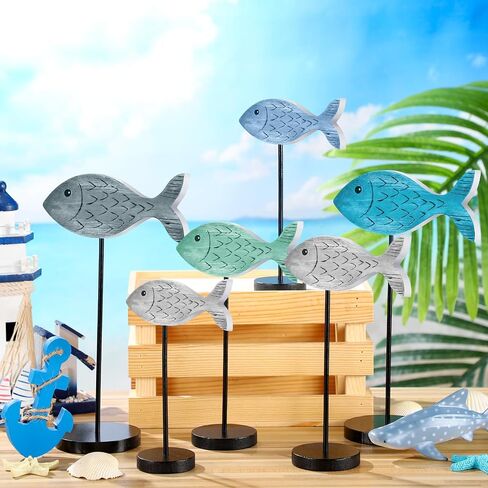 6 Pcs Wooden Fish Table Decor Wooden Ocean Tabletop Centerpiece Standing Sign Rustic Wood Fish Home Decor Coastal Beach Fish Figurines Sea Animal Wood Signs Block for Summer Home Office in Saudi Arabia