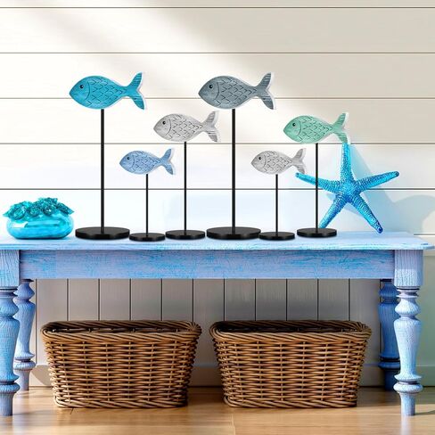 6 Pcs Wooden Fish Table Decor Wooden Ocean Tabletop Centerpiece Standing Sign Rustic Wood Fish Home Decor Coastal Beach Fish Figurines Sea Animal Wood Signs Block for Summer Home Office in Saudi Arabia