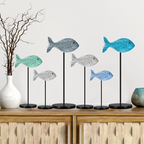 6 Pcs Wooden Fish Table Decor Wooden Ocean Tabletop Centerpiece Standing Sign Rustic Wood Fish Home Decor Coastal Beach Fish Figurines Sea Animal Wood Signs Block for Summer Home Office in Saudi Arabia