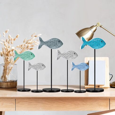 6 Pcs Wooden Fish Table Decor Wooden Ocean Tabletop Centerpiece Standing Sign Rustic Wood Fish Home Decor Coastal Beach Fish Figurines Sea Animal Wood Signs Block for Summer Home Office in Saudi Arabia