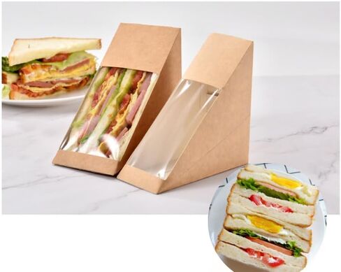 50 sandwich paper boxes, eco-friendly sandwich takeout boxes with display windows, suitable for takeout services in bakeries, restaurants, and cake shops in Saudi Arabia