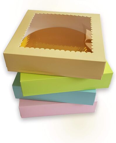 Cookeezz Couture - علب الكعك مقاس 9 × 9 × 2.5 بوصة، صناديق كعك نافذة رائعة لسهولة نقل المخبوزات والفطائر والكعك والكب كيك - 12 عبوة من علب الكيك في 4 ألوان باستيل متنوعة. (صندوق الكيك 9x9x2.5 بوصة) in Kuwait
