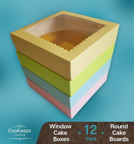 Cookeezz Couture - علب الكعك مقاس 9 × 9 × 2.5 بوصة، صناديق كعك نافذة رائعة لسهولة نقل المخبوزات والفطائر والكعك والكب كيك - 12 عبوة من علب الكيك في 4 ألوان باستيل متنوعة. (صندوق الكيك 9x9x2.5 بوصة) in Kuwait