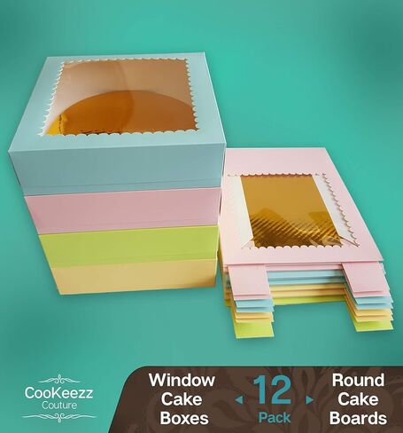 Cookeezz Couture - علب الكعك مقاس 9 × 9 × 2.5 بوصة، صناديق كعك نافذة رائعة لسهولة نقل المخبوزات والفطائر والكعك والكب كيك - 12 عبوة من علب الكيك في 4 ألوان باستيل متنوعة. (صندوق الكيك 9x9x2.5 بوصة) in Kuwait