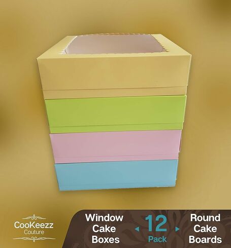 Cookeezz Couture - علب الكعك مقاس 9 × 9 × 2.5 بوصة، صناديق كعك نافذة رائعة لسهولة نقل المخبوزات والفطائر والكعك والكب كيك - 12 عبوة من علب الكيك في 4 ألوان باستيل متنوعة. (صندوق الكيك 9x9x2.5 بوصة) in Kuwait