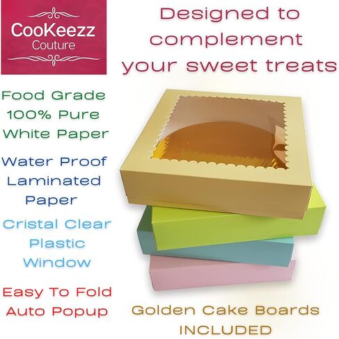 Cookeezz Couture - علب الكعك مقاس 9 × 9 × 2.5 بوصة، صناديق كعك نافذة رائعة لسهولة نقل المخبوزات والفطائر والكعك والكب كيك - 12 عبوة من علب الكيك في 4 ألوان باستيل متنوعة. (صندوق الكيك 9x9x2.5 بوصة) in Kuwait