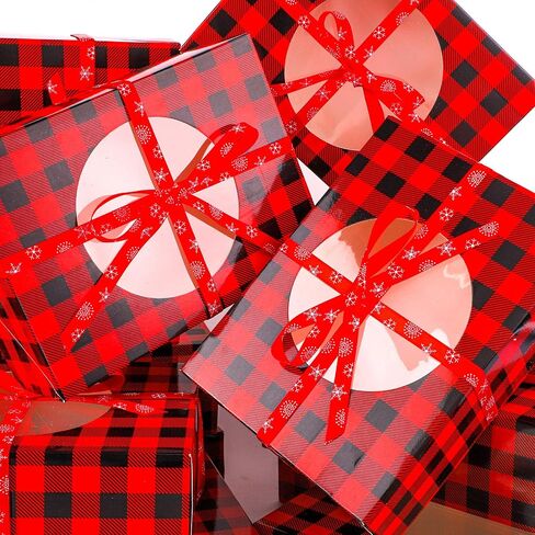Aneco 12 Pack Christmas Cookie Boxes with Window Red and Black Plaid Holiday Treat Boxes Paper Food Boxes Xmas Gift Bags Cake Candy for Gift Giving Bakery Packaging Containers in Saudi Arabia
