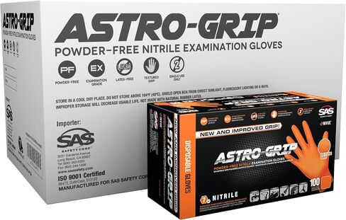 SAS Astro-Grip Powder-Free Exam Grade Nitrile Disposable Gloves - 10 Boxes / 100 Each. 1000 Gloves Total. Large, Orange, 7 Mil. Chemical and Puncture Resistant. Single-Use (66473) in Saudi Arabia