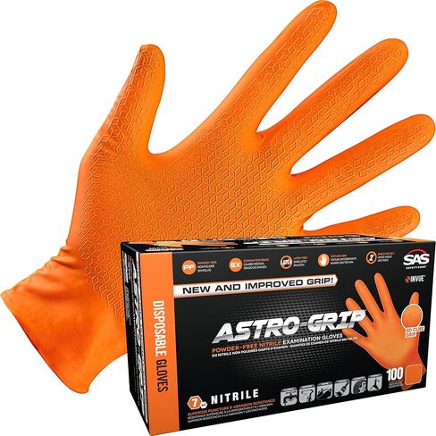 SAS Astro-Grip Powder-Free Exam Grade Nitrile Disposable Gloves - 10 Boxes / 100 Each. 1000 Gloves Total. Large, Orange, 7 Mil. Chemical and Puncture Resistant. Single-Use (66473) in Saudi Arabia